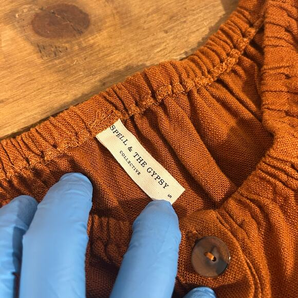 SPELL & THE GYPSY Sz S Peplum Burnt Orange 3/4 Peasant Sleeve Boho Minimalist - Picture 6 of 10